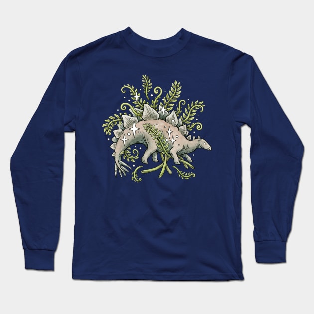 Stegosaurus + Ferns Botanical Dinosaur Long Sleeve T-Shirt by OMEGAFAUNA